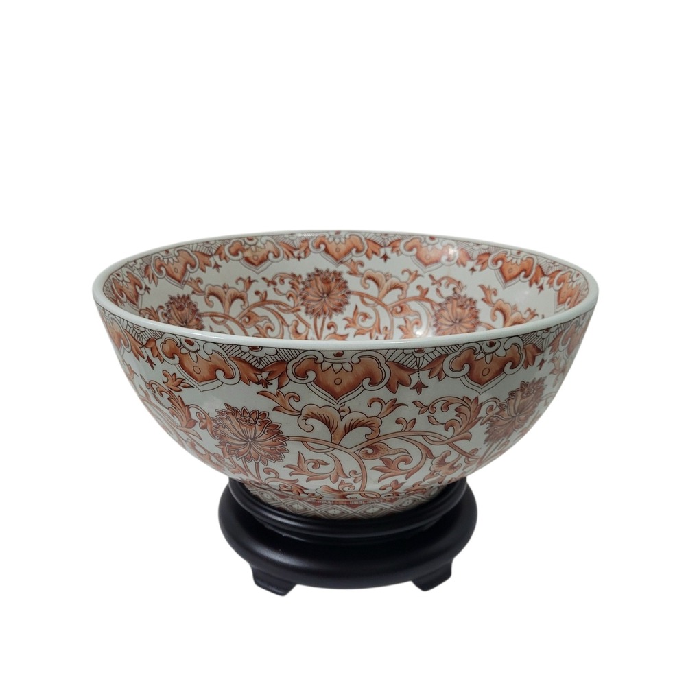 Large Chinese Porcelain Floral Chinoiserie Burnt Orange Bowl with Stand
